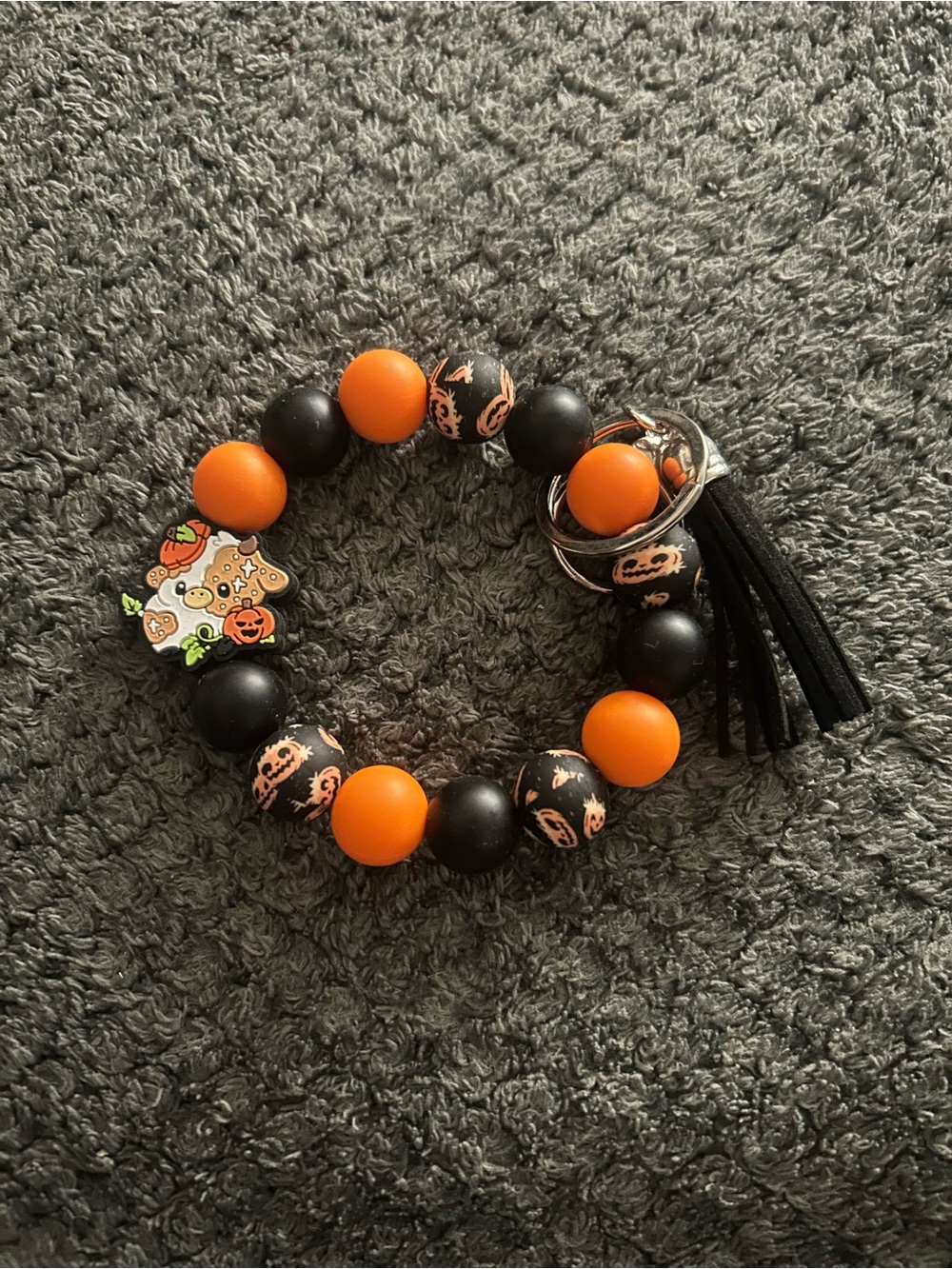 Hand Crafted Orange & Black Beaded Keychain Wristlet with Tassel Cow Charm